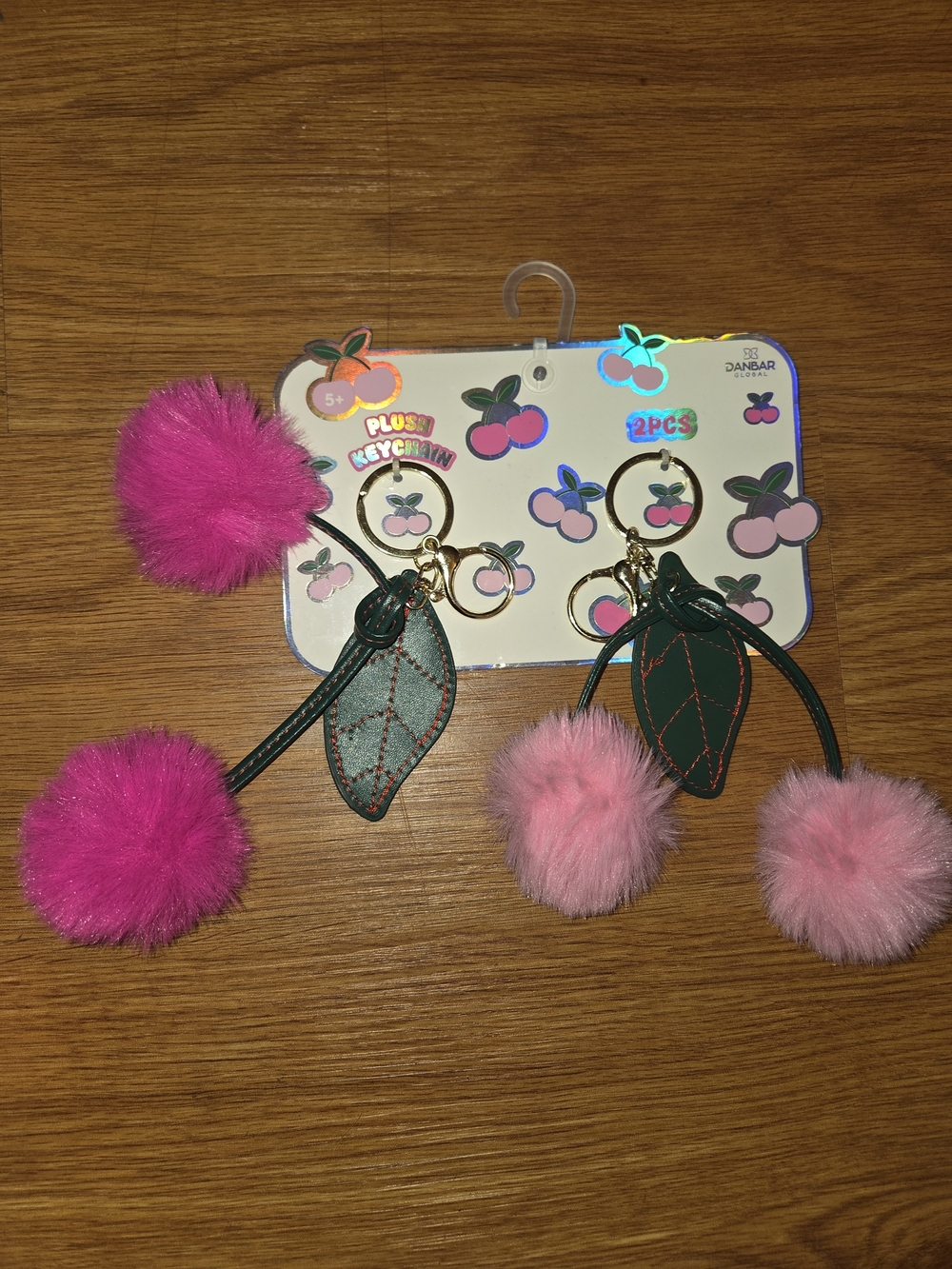 Danner Pink Pom Pom 2pc. Plush Cherry Keychain Or/and Purse Decoration.